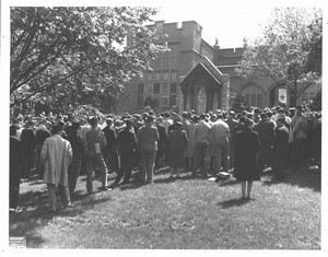 Xavier students, faculty, staff and community members pray at the Shrine of Our Lady, Queen of Victory and Peace on V-E Day, May 8, 1945. Photo by Marsh Studio, from the Xavier University Photograph Collection.