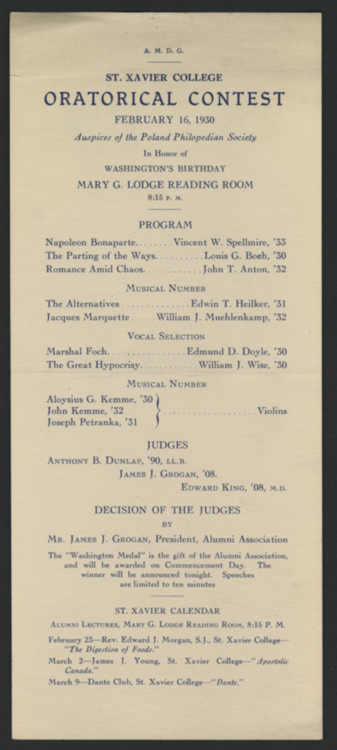 St. Xavier College Oratorical Contest program, February 16, 1930, XUA-106 Box 6, Folder 3, University Archives and Special Collections, Xavier University Library