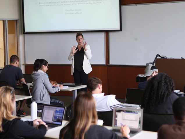A professor leading a classroom of marketing majors